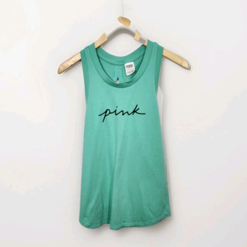 Victoria Secret PINK Tank Top Green Black Logo Solid Open Cutout Back XS